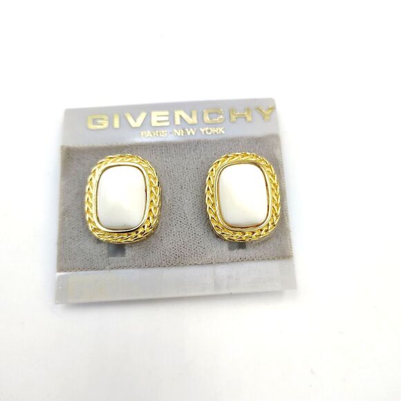 Vintage Givenchy Gold Tone White Lucite Cabochon Rectangular Clip On Earrings - Picture 1 of 16
